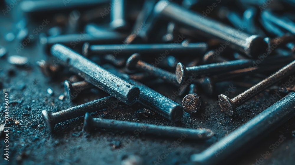 Poster A close-up view of rusty metal nails scattered on a dark surface, showcasing texture and detail in hardware items.