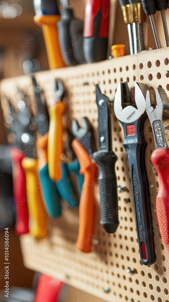 Poster a close-up view of various tools neatly organized on a pegboard, showcasing craftsmanship and readin