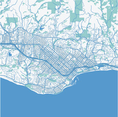 Map of Santa Barbara in California in a professional blue style. Contains layered vector with roads water, parks, etc.