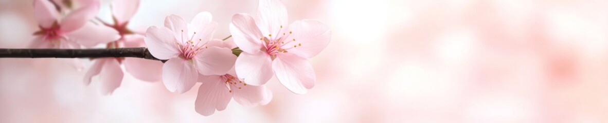 Cherry blossom branch with delicate pink flowers, soft blurry background.