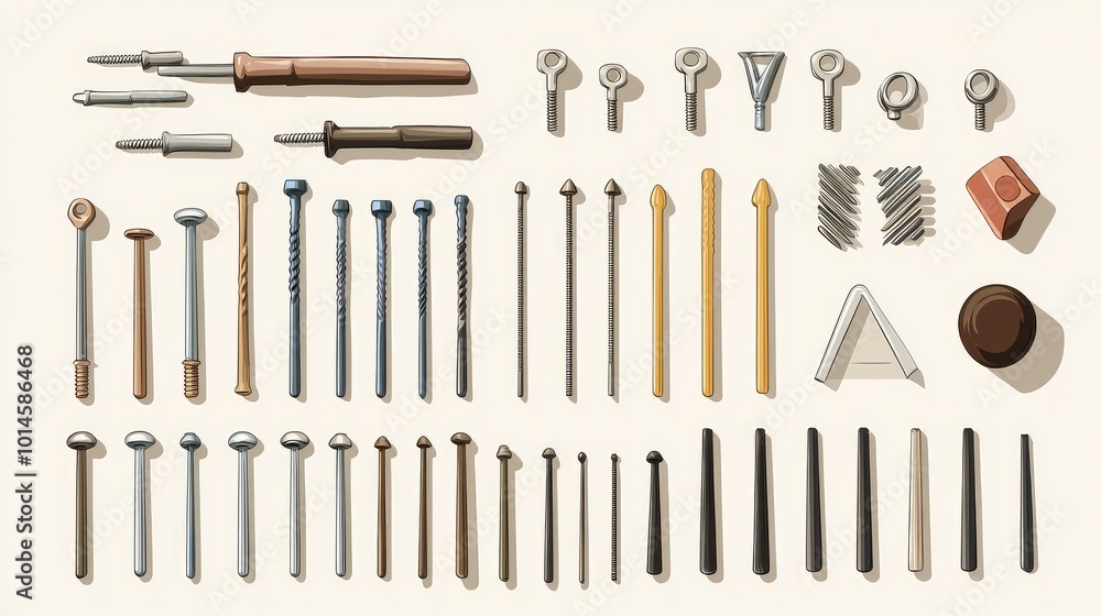 Poster A collection of various tools and fasteners arranged neatly on a surface, ideal for DIY projects and construction activities.