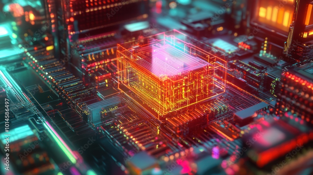 Poster a glowing, transparent cube sits atop a complex circuit board with vibrant neon lights.