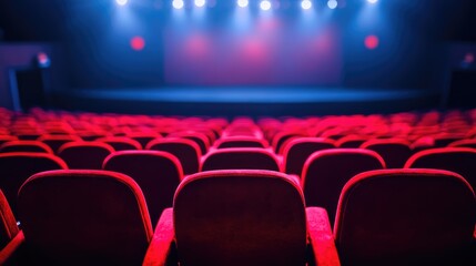 Red theater seats in an empty auditorium, illuminated by soft stage lights.