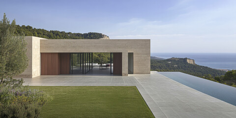 Modern coastal residence with panoramic ocean views and sleek design on a sunny day