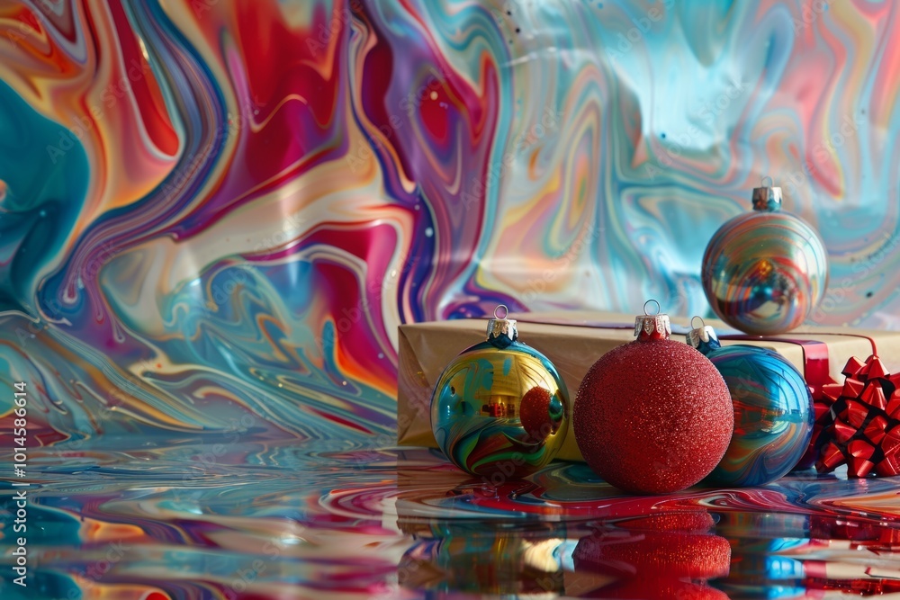 Poster a colorful background with a box of christmas ornaments on top. the ornaments are red and blue and a