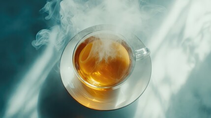 Steaming glass of hot tea from above, placed on a clean ceramic saucer, with soft smoke gently rising into the air, no people