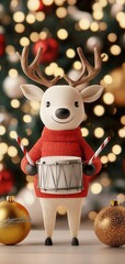 Cute reindeer drummer toy with Christmas tree backdrop.