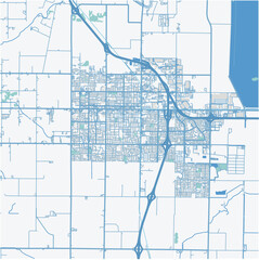 Map of Woodland in California in a professional blue style. Contains layered vector with roads water, parks, etc.