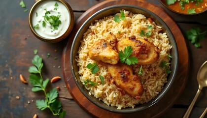 Chicken Yakhni Pulao Served with Yogurt and Spices (Pakistani Cuisine)