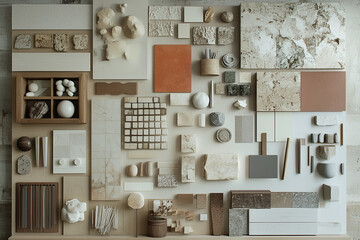 A curated interior design moodboard featuring textures, colors, and material samples.