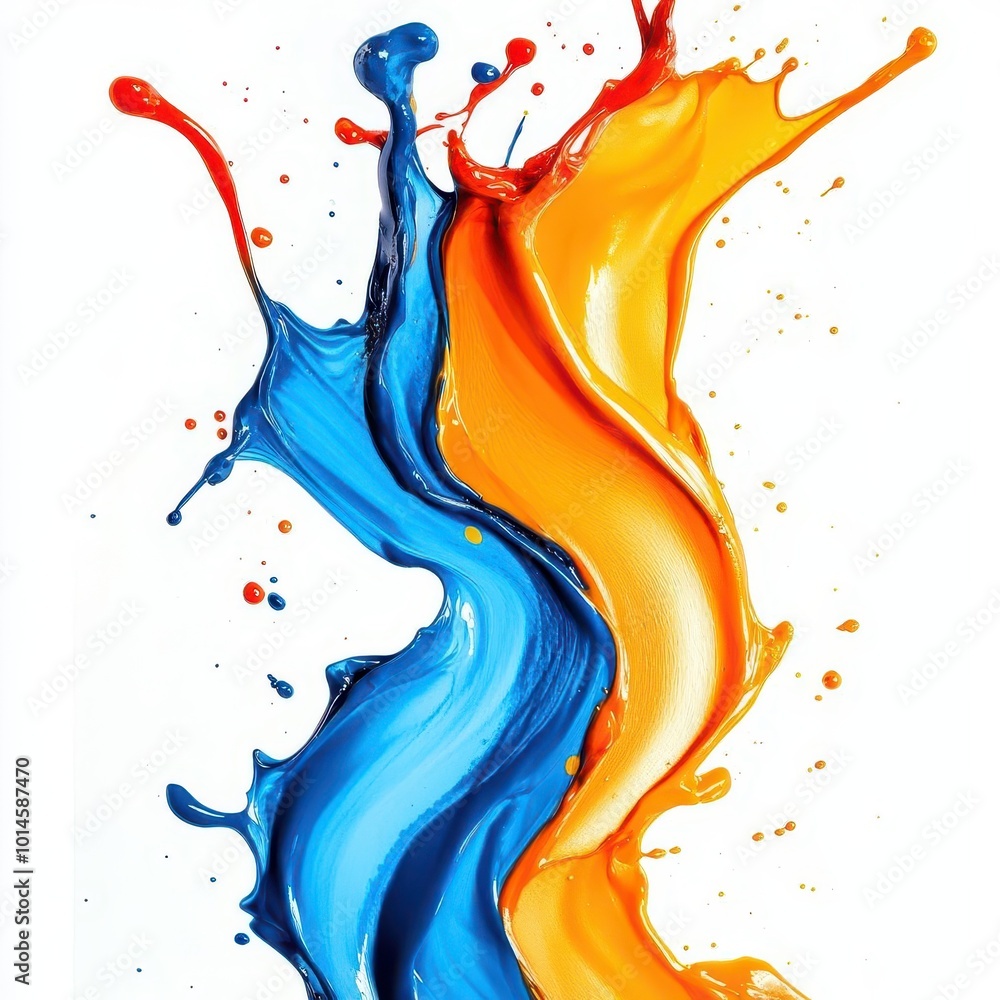 Poster an abstract close-up capturing colorful paint splashes in motion, showcasing vibrant detail and text