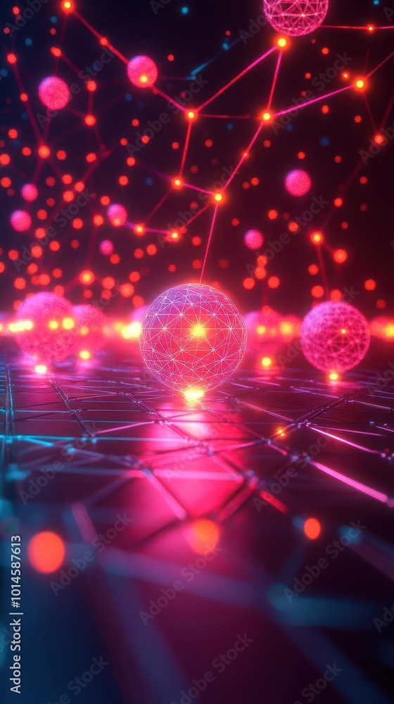 Poster abstract 3d render of interconnected spheres and lines, futuristic design concept with glowing eleme