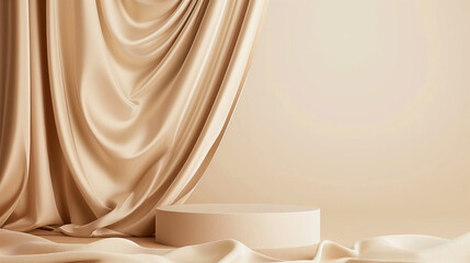 A beige background with soft, draped silk fabric and gold plates in the foreground, creating an elegant and luxurious atmosphere for product display.