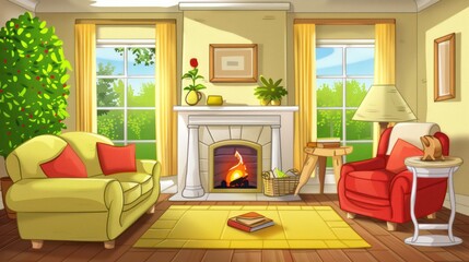 A cozy living room featuring a fireplace, comfortable seating, and vibrant decor, perfect for relaxation and social gatherings.