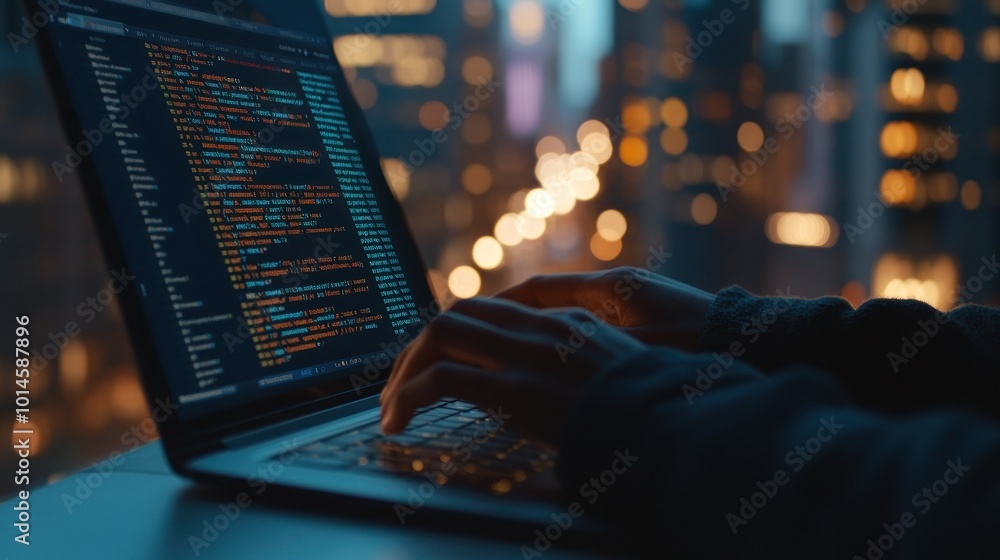 Aufkleber a person coding on a laptop with a city skyline in the background at dusk.