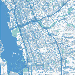 Map of Chula Vista in California in a professional blue style. Contains layered vector with roads water, parks, etc.