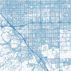 Map of Chino in California in a professional blue style. Contains layered vector with roads water, parks, etc.