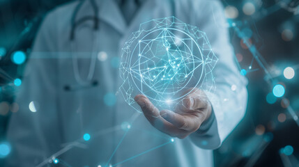 Close up of a doctor's hand holding a medical icon with a stethoscope on a blurred background, copy space concept for healthcare and sports concept