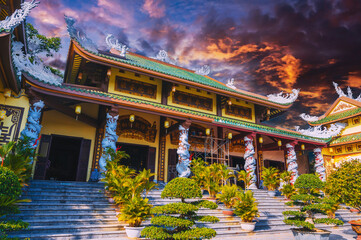 Beautiful Buddhist temple at Linh ung Pagoda in Da Nang in Vietnam at sunset in summer in Asia