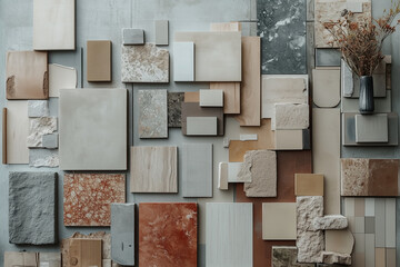 A curated interior design moodboard featuring textures, colors, and material samples.