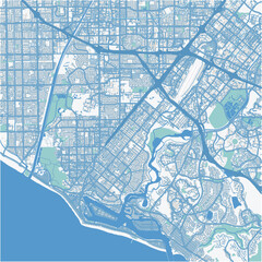 Map of Costa Mesa in California in a professional blue style. Contains layered vector with roads water, parks, etc.