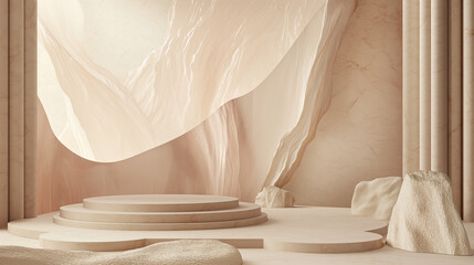 Minimalist stage design with an empty white box and beige paper background, featuring a large mountain of light-colored textured fabric as the main element. 