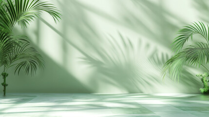 Minimal abstract background for product presentation, light green color with shadow from palm leaves on the wall, blurred floor and shadow of plants in foreground