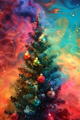 A colorful Christmas tree with many ornaments and a few balls
