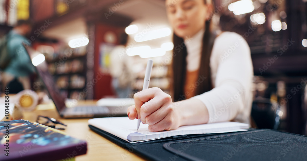 Poster research, writing and notebook with student in library for knowledge, education and college thesis. 
