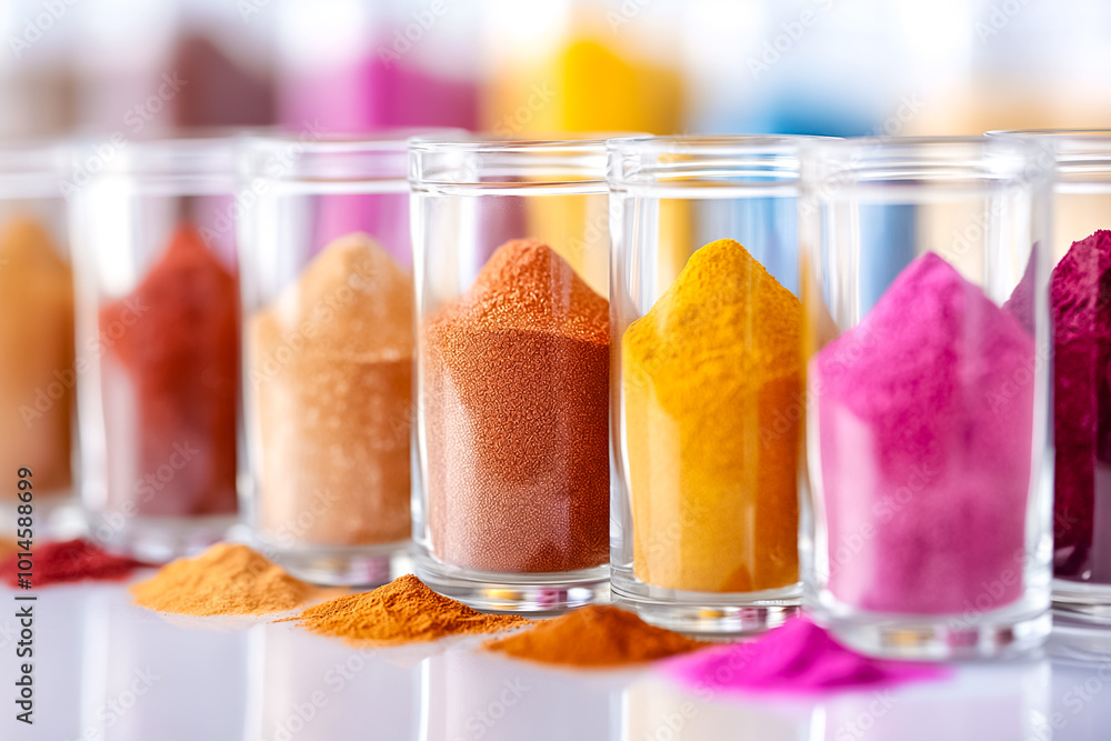 Aufkleber a collection of vibrant powdered spices is arranged in clear glass containers, showcasing an array o