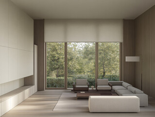 Modern living room with large windows providing a view of greenery in a serene setting