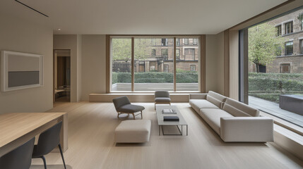 Fototapeta premium Modern living room with large windows and minimalist decor in an urban residential space