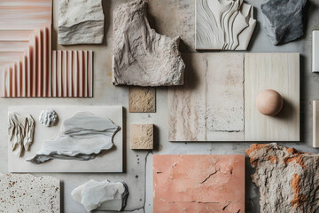 A curated interior design moodboard featuring textures, colors, and material samples.