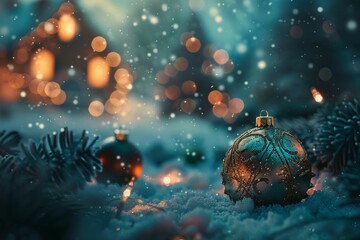 A magical winter scene featuring Christmas ornaments and snow, with warm lights glowing in the background, creating a festive holiday atmosphere.
