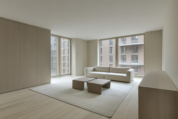 Modern minimalist living room with neutral tones and large windows in an urban apartment