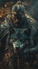 Naklejka premium A fierce warrior stands with a loyal wolf, embodying strength and companionship in a captivating, atmospheric setting.