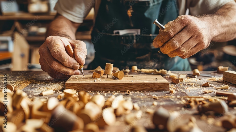 Poster a focused craftsman working with wood, creating intricate designs with tools amidst a workshop fille