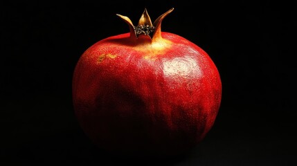 A Single Ripe Pomegranate Isolated Against a Black Background