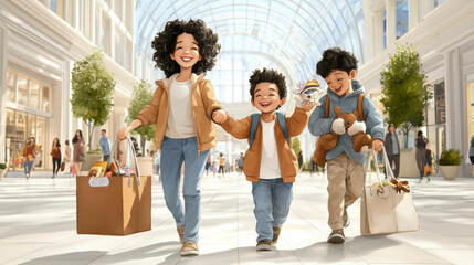 Fototapeta premium A joyful family scene at a bustling shopping mall, with the mother and two kids holding hands, laughing and smiling, carrying bags filled with purchases, capturing a carefree family outing.