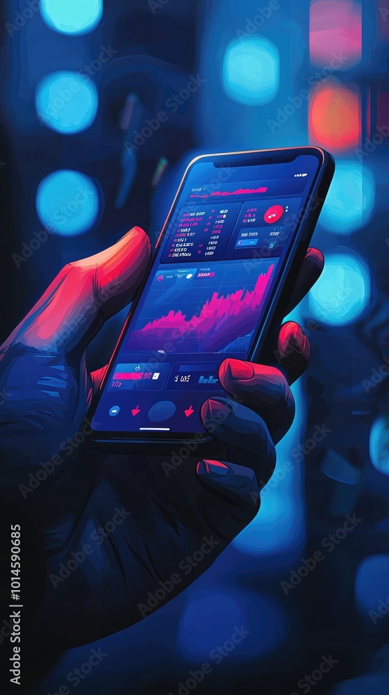 Poster a hand holding a smartphone displaying a vibrant stock market graph in a modern digital setting with