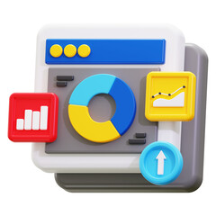 3d Web Statistic icon. Web page featuring charts, graphs, data, and upward trend arrow