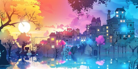 Obraz premium Hand-drawn cartoon scene featuring colorful double exposure elements.