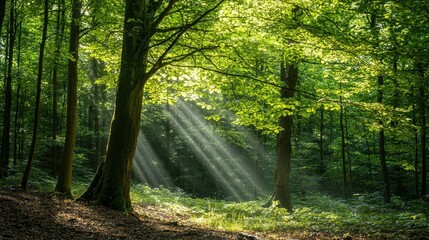 Sunlight beams filtering through lush green trees in a serene forest setting.