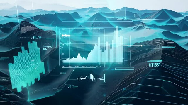 Digital interface displaying data analytics and graphs over a 3D landscape, representing futuristic technology and data visualization