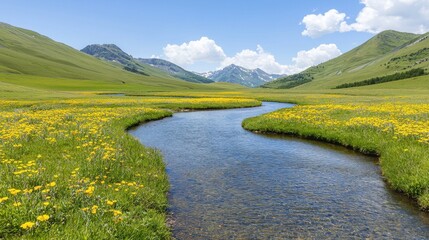 Naklejka premium Scenic view of a winding river flowing through a vibrant field of yellow flowers under a clear blue sky.