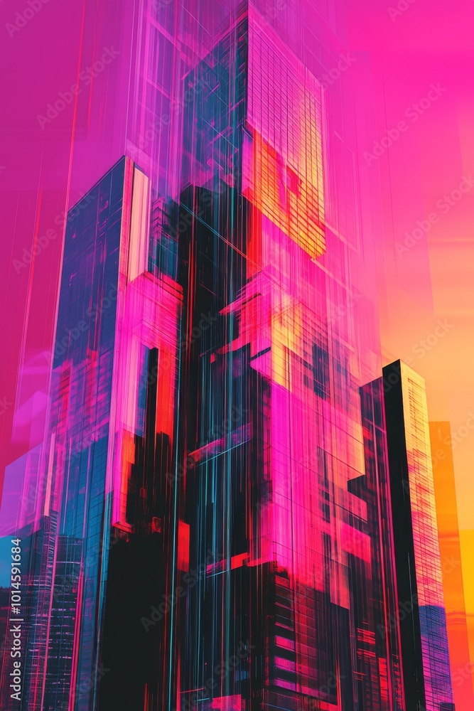 Poster imaginative visualization of a synthwave skyscraper, blending vibrant colors with abstract design.