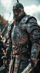 Obraz premium A medieval knight in intricate armor, showcasing strength and bravery against a dramatic backdrop of battle.