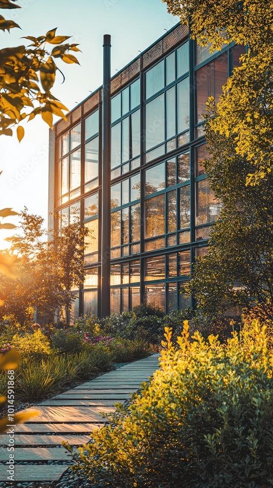 Poster a modern building surrounded by lush greenery and a sunlit pathway, creating a serene and inviting a