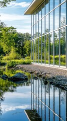 A modern building reflects in a calm pond, surrounded by lush greenery and blue skies, creating a serene nature scene.