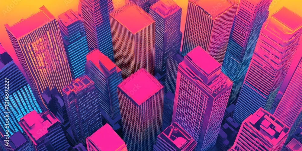 Poster layout pattern featuring repetitive skyscrapers in vibrant synthwave colors.